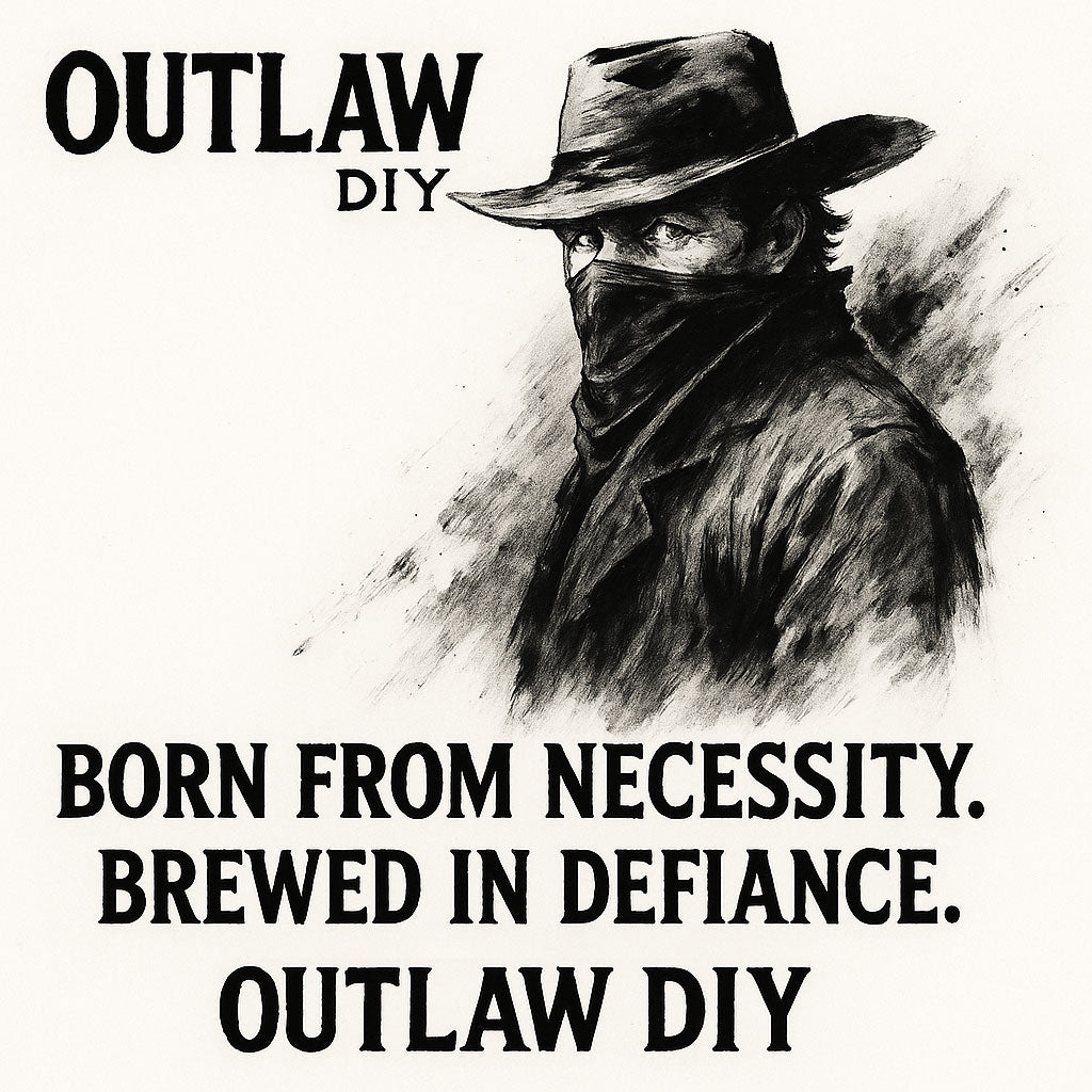 Black and white ink illustration of a masked cowboy outlaw in a wide-brimmed hat with the words ‘Outlaw DIY – Born from necessity. Brewed in defiance.’ Manabush e-liquid brand artwork.