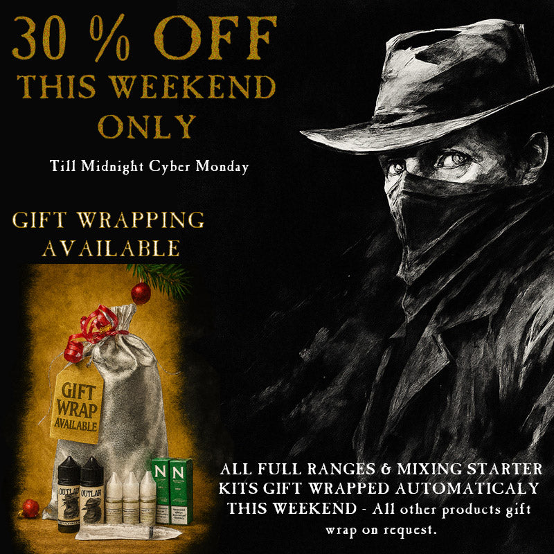 Promotional advertisement with a masked figure and gift wrapping items, featuring a discount offer of 30% for Black Friday to Cyber Monday