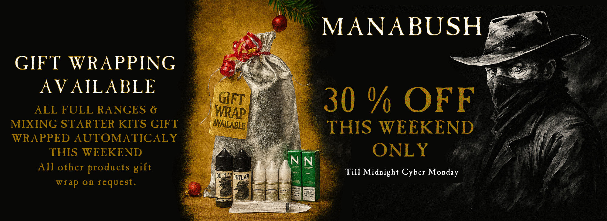 Promotional 30% Off Black Friday banner for Manabush with gift wrapping offer and cowboy-themed design.