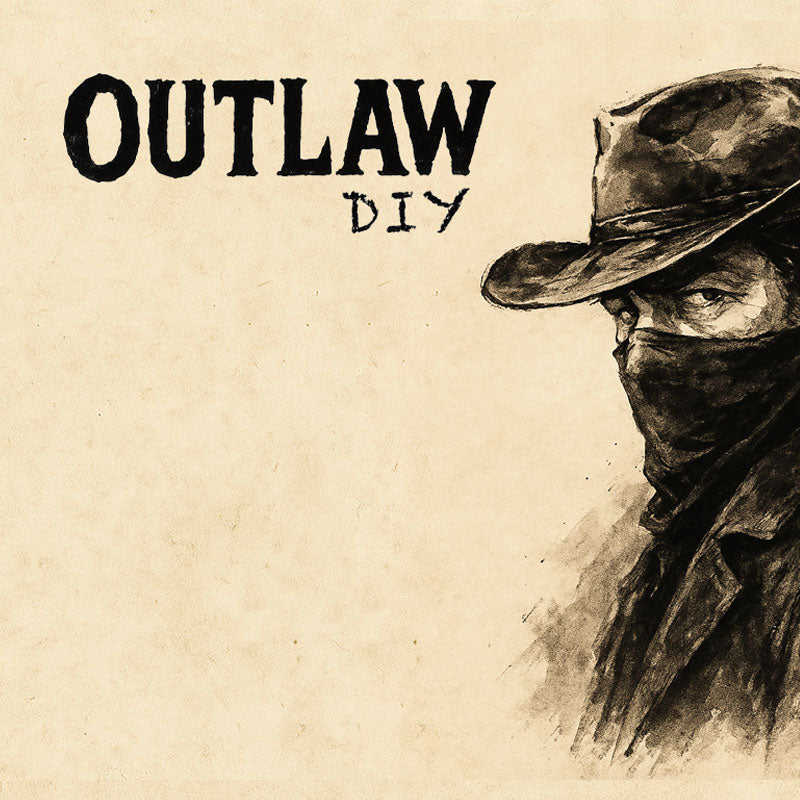Stylized drawing of a person wearing a wide-brimmed hat with the text 'OUTLAW DIY' on a beige background.