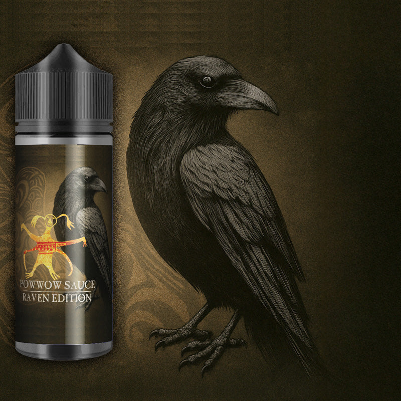 Powwow Sauce Raven Edition bottle with a raven illustration on a brown background