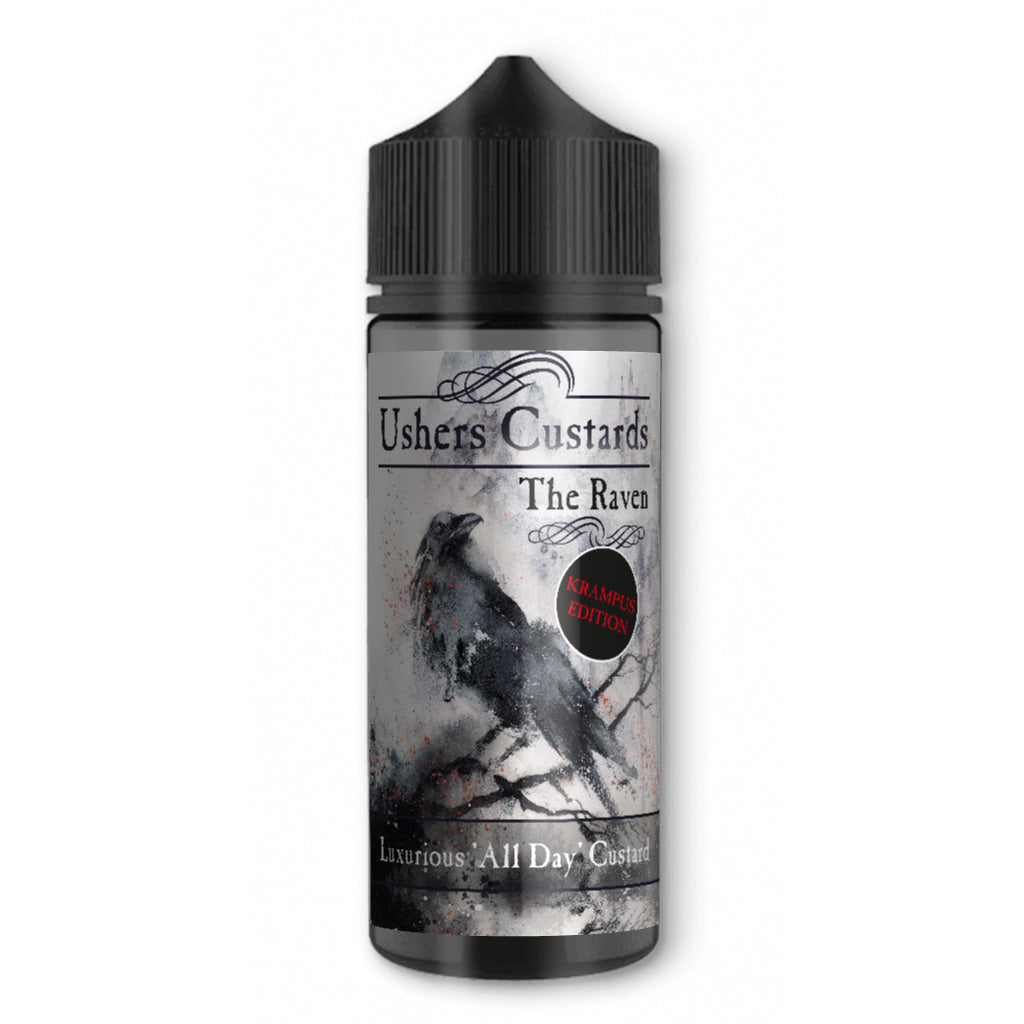 Vape juice bottle labeled 'Ushers Custards The Raven' on a white background with Krampus Limited Christmas edition sticker