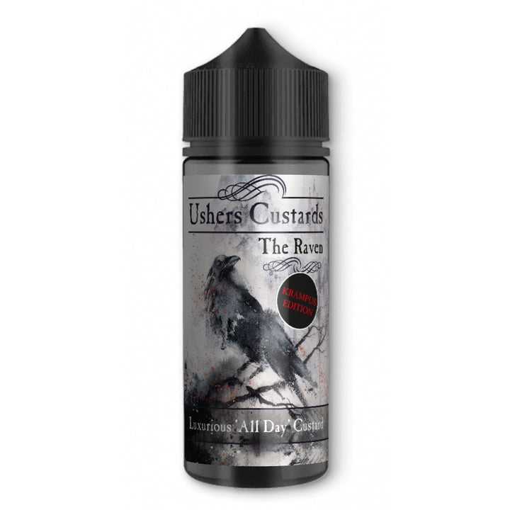 Vape juice bottle labeled 'Ushers Custards The Raven' on a white background with Krampus Limited Christmas edition sticker