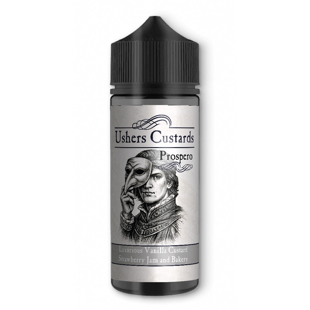 Vape juice bottle labeled 'Ushers Custards Prospero' with a black cap on a white background