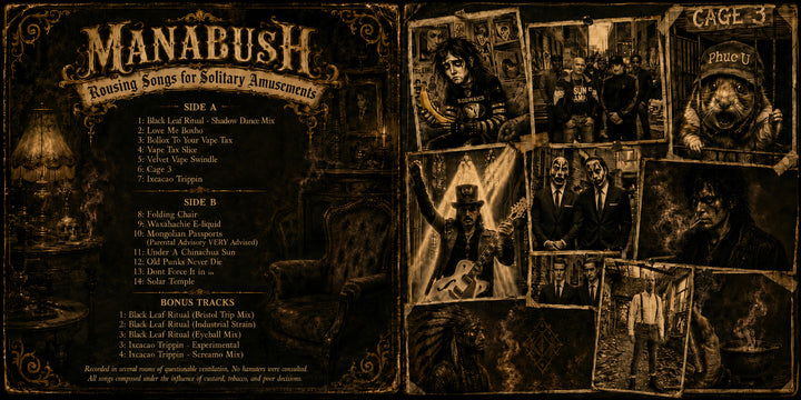 Album cover for 'Manabush' with text and images of people in a dark, vintage style.
