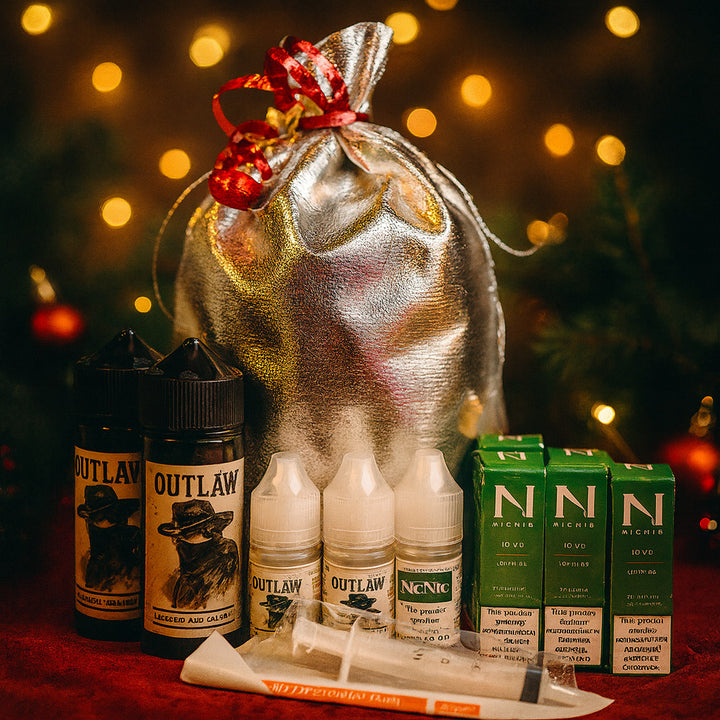 Collection of vape products including bottles and boxes on a festive background with lights.