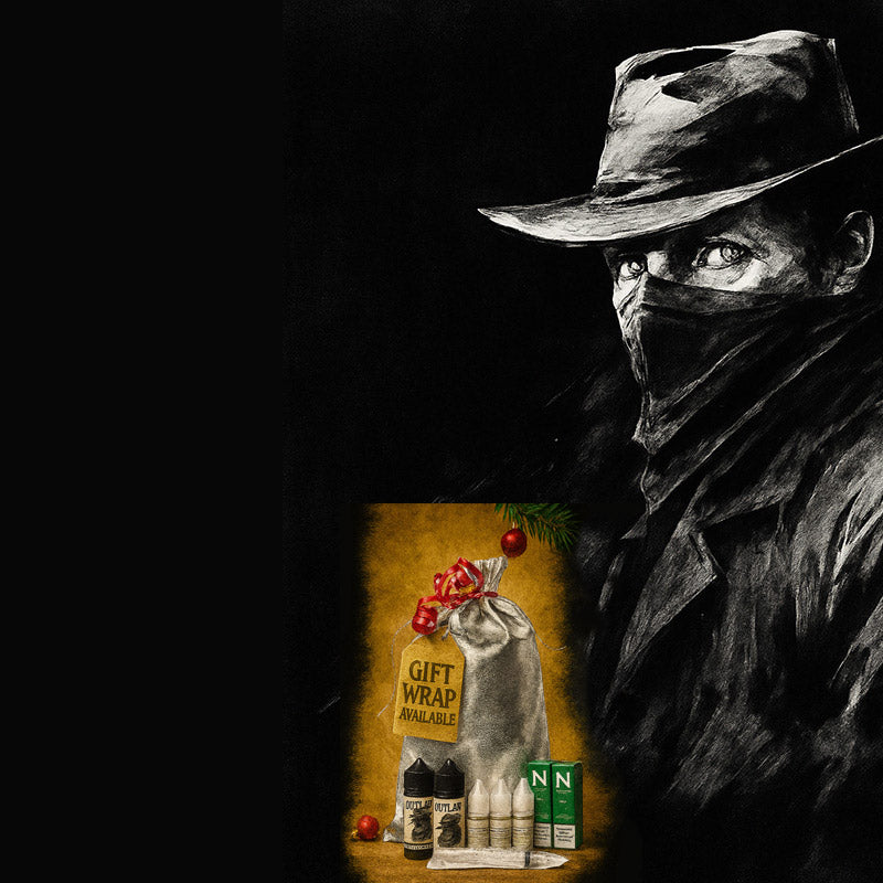 Dark-themed illustration of a masked figure with a product display in the corner.
