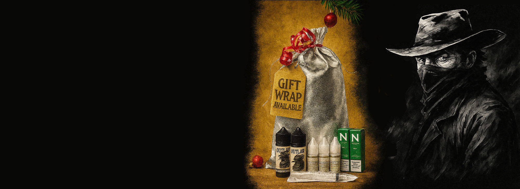 Man in a cowboy hat with gift wrap, bottles, and a gift bag on a dark background